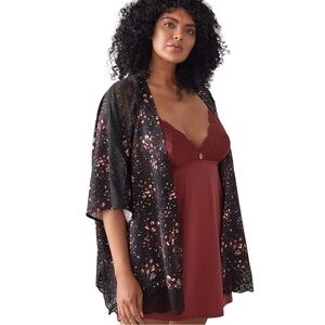 Ashley Graham Satin Printed Kimono with Lace Insert